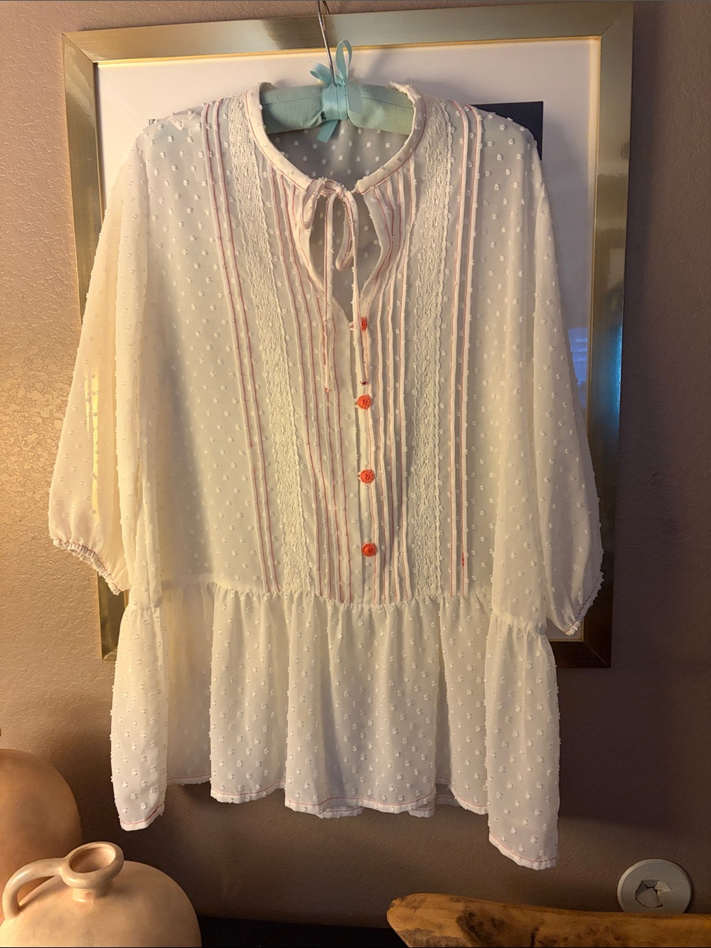 Matilda Jane White Swiss Dot Peasant Tunic with Pink Trim and Coral Buttons